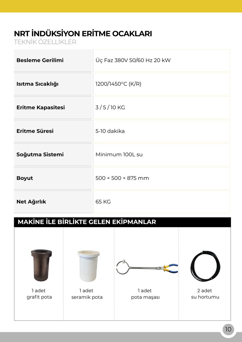 NRT Teknik Büyük İndüksiyon Eritme Ocağı – teknik özellikler tablosu, katalog sayfa 10