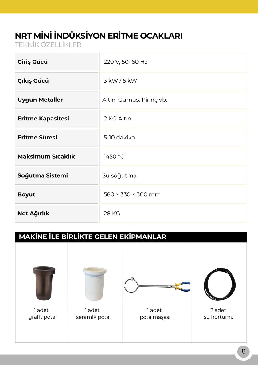 NRT Teknik Mini İndüksiyon Eritme Ocağı – 2 Kg – teknik özellikler tablosu, katalog sayfa 8