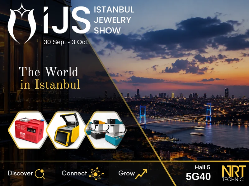 Anúncio da feira Istanbul Jewelry Show 2026 — NRT Technic no Pavilhão 5 Estande 5G40; forno de fundição por indução, analisador de ouro XRF e máquina de marcação a laser de fibra